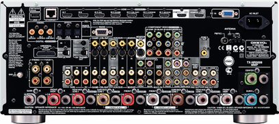 Onkyo TX-NR5008, audio-video forstærker, frontpanel, mange stik og knapper, centralt digitalt display