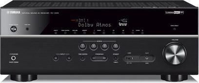 Yamaha RX-V685 sort surround receiver, front, LCD-skærm, knapper, drejeknapper, porte, set forfra