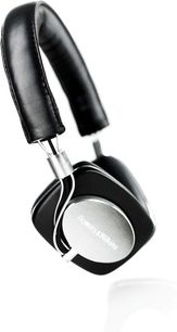 Åbent hi-fi hovedsæt Bowers & Wilkins P5 i sort, set fra venstre profil, ovale ørepuder i læder, sølvfarvet metalstang