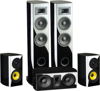 Sada sloupových reproduktorů Davis Acoustics Stentaure LE v černém laku: 2 sloupy, 1 centrální reproduktor, 2 regálové reproduktory, pohled zepředu