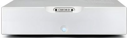 Chord Electronics BerTTi Silber Leistungsverstärker, rechteckiges gebürstetes Aluminiumgehäuse, Frontplatte mit graviertem Logo, blaue LED-Anzeige