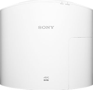 Sony VPL-VW360ES videoprojektor, hvid, set ovenfra, cylindrisk form, glat og blank overflade, Sony-logo