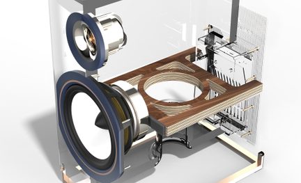 Exploded view van een luidspreker met zichtbare interne componenten, houten structuur en metalen elementen