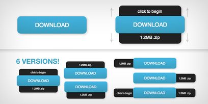 Blå og sorte downloadknapper på hvid baggrund med pile og tekst "1,2 MB .zip", "klik for at begynde", "6 VERSIONER!"