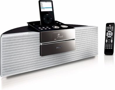 Philips DCM230 sølvfarvet dockingstation med højttalere, iPod-dock, LCD-skærm, fjernbetjening