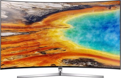 „Samsung UE55MU9005" 55 colių televizorius, rodantis abstrakčią šiltų oranžinių ir žydrai žalsvų spalvų kompoziciją ant juodo fono