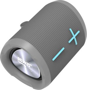 Yourban Getone 20 harmaa bluetooth-kaiutin, kulmanäkymä, verkkopinta, siniset plus- ja miinuspainikkeet, pyöreä pääty
