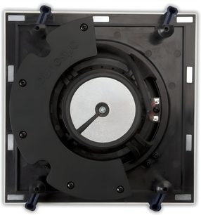 Altavoz de pared empotrado ArtSound SQ2060 vista trasera, marco cuadrado negro con altavoz central y pestañas azules