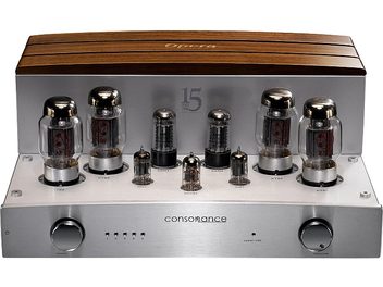 Consonance Cyber 100 15th Anniversary stereo buizenversterker, vooraanzicht, zilverkleurige afwerking, voorkant met 2 ronde knoppen, 6 zichtbare buizen bovenop, houten achterkap