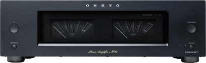 Výkonový zesilovač Onkyo ICON M-80, černé kovové šasi, pohled zepředu, dva velké VU metry, vlevo tlačítko, vpravo kolečko