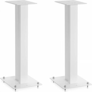 Două boxe de podea Triangle S02 albe, din metal, cu un design minimalist, pătrate, pe fundal alb