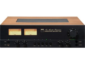 Ampli hi-fi стерео NAD C3050 Standard Edition Черен, преден изглед, дървена фасада, 2 индикатора за ниво, бутони и гнезда на фасадата