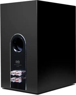 Knihovní reproduktor PSB Synchrony B600 v černém laku, pohled zezadu, s výdechem a průhlednými dvojitými svorkami