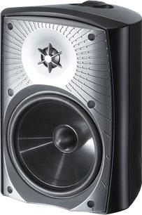 Altavoz de exterior Paradigm Stylus 370 negro, vista frontal, caja rectangular negra, tweeter central, altavoz circular