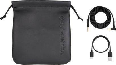 Sluchátka Audio-Technica ATH-M50xBT2DS černá, přepravní pouzdro, jack kabel a USB nabíjecí kabel, pohled zepředu