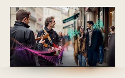 Stor fladskærms-tv med tynd sort ramme i metal eller plast og blank glasoverflade, set forfra, viser en gadescene med musikere og et par ledsaget af farverige lydbølger