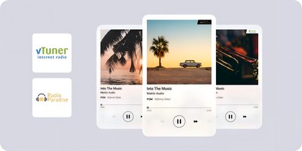 Tre schede di interfaccia audio bianche opache sovrapposte in vista frontale, ciascuna con copertina di album e pulsanti di riproduzione neri, con a sinistra i loghi colorati vTuner e Radio Paradise su sfondo lavanda