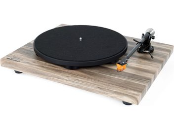 Giradischi Auris Audio Jazz con finitura in legno chiaro, piatto nero e braccio di lettura con testina arancione