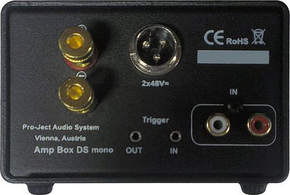Pro-Ject Amp Box DS mono sort forstærker, frontvisning, forgyldte RCA-stik, trigger, LED, indgang/udgang-vælger