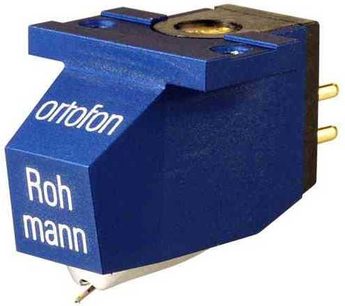 Ortofon Rohmann blå metalliseret phono-pickup, set ovenfra og fra siden, med hvide indskrifter "ortofon" og "Roh mann"