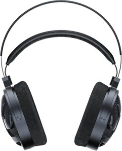 Cuffia hi-fi cablata aperta FiiO FT3 350 Ohm nera, struttura metallica a doppio archetto e fascia interna imbottita, padiglioni spessi in velluto, coppe laterali con griglia traforata, vista dall’alto