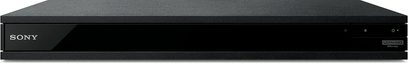 4K Blu-ray-afspiller Sony UBP-X800M2, set forfra, sort rektangulært kabinet, Sony-logo til venstre, tænd/sluk-knap til højre