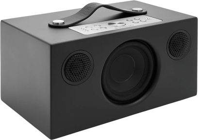 Audio Pro Addon C5 højtaler i sort, set forfra, afrundet rektangulær form, 2 cirkulære højttalere, knapper på toppen