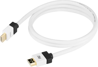 HDMI-kabel Real Cable Monitor HDMI 5 m hvid, sorte HDMI-stik i enderne, oprullet i en løkke på hvid baggrund