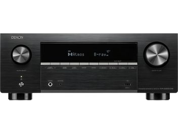 AV receiver Denon AVR-X2900HDAB čierny, pohľad spredu, veľký stredový displej a dva široké strieborné otočné ovládače