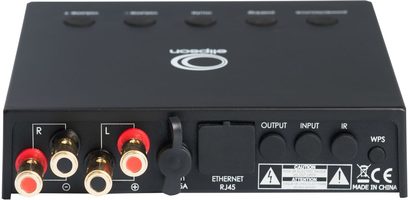 Elipson Connect 250 sort hi-fi stereforstærker, set forfra, 5 drejelige knapper, 6 RCA-stik, 1 Ethernet-stik, fremstillet i Kina