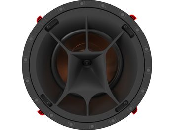 Indbygget Klipsch PRO-180-RPC LCR-højttaler, frontvisning, cirkulær form, mat sort kabinet, mørkegrå midterhøjttaler, 4 røde monteringshuller