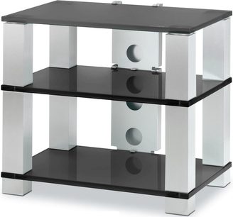 Spectral High-end HE683 hi-fi møbel med 4 niveauer i sort glas og aluminium, med cirkulære åbninger på siderne til kabler