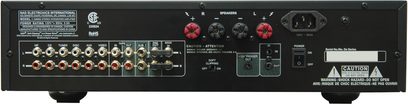 Ampli hi-fi stéréo NAD C326BEE CT titane, face arrière, connectique audio et haut-parleurs, interrupteurs et réglages