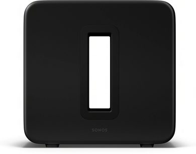 Rektangulær sort Sonos Sub Gen 4 subwoofer med central åbning set forfra