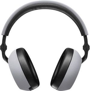 Bowers & Wilkins PX7 sølvfarvet omkringørende hovedtelefoner, lyse gråt hovedbånd og ørepuder, lukkede sorte ørekopper, set forfra