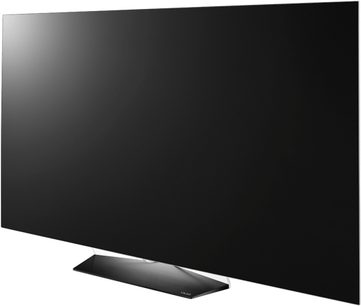 LG 55B6V-fladskærms-TV, sort rektangulært panel, set forfra, placeret på en fod, slukket