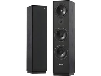Casse colonne Unitra ZGZ-801 nere, frassino nero, vista a tre quarti, griglia su una, 3 woofer e tweeter centrale