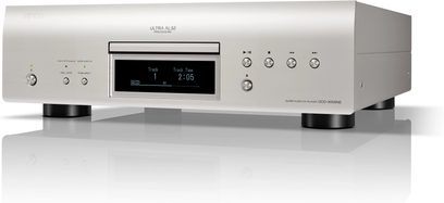 Lettore CD hi-fi DCD-3000NE argento, pannello frontale rettangolare, cassetto centrale, schermo digitale, pulsanti circolari, piedini cilindrici