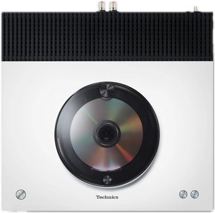 CD predvajalnik Technics SA-C600EG6W, pogled od zgoraj, kompaktna plošča na sredini, bela površina, okrogli gumbi spodaj