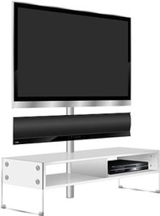 Hvid Yamaha Kinsei audio-/videomøbel med TV-stander, glashylde og -skuffe samt metalstel