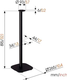 Black Vogel's SFS 4113 speaker stand, slender stem and square base with rounded corners, with dimension markings