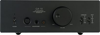 Preamplificatore per cuffie Hifiman GA-10, vista frontale, chassis rettangolare nero, manopola del volume centrale, prese per cuffie, interruttori