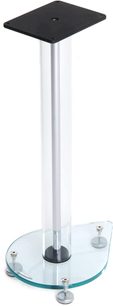 Atacama Audio Aurora 6 højttaler-stander i glas og metal, rund transparent base, cylindrisk aluminiumsmidterstang, sort rund topbakke
