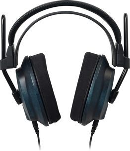 Fostex T60RP Mk2 Ai hi-fi-hovedtelefoner, sort hovedbøjle, store rektangulære ørepuder i blå træfinish, set forfra