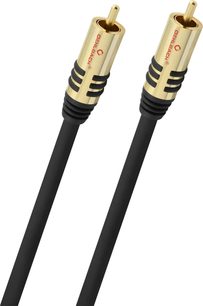 Oehlbach NF Sub black subwoofer cable with PVC sheath, gold-plated metal male RCA connectors with black grooves, three-quarter front view