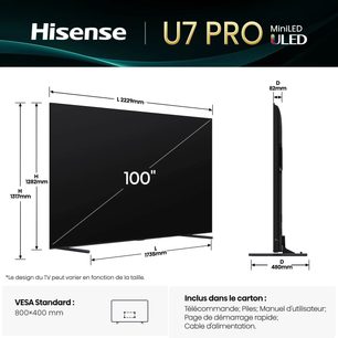 Телевізор Hisense 100U7Q PRO 100'', чорний, скляна поверхня, тонкі рамки, підставка, вигляд спереду та з боку