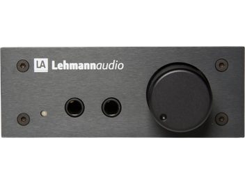 Preamplificatore per cuffie Lehmann Audio Linear D MKII nero, frontale in alluminio spazzolato con due prese cuffie e ampia manopola