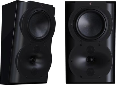 Bakre surround- eller bipolär högtalare Perlisten R4s, svart finish, sedd framifrån och i vinkel, stor cirkulär högtalare, diskanter
