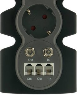 Multiprise Connect Research CEB005E sort, set forfra. 3 hunstik, 2 hanstik, 2 røde indikatorlys