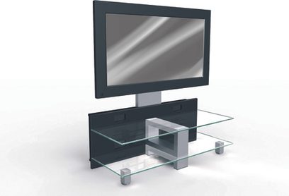 Černý TV stolek se skleněnými policemi, 2 úrovně, pro plochou obrazovku, pohled z pravé přední strany pod úhlem 3/4